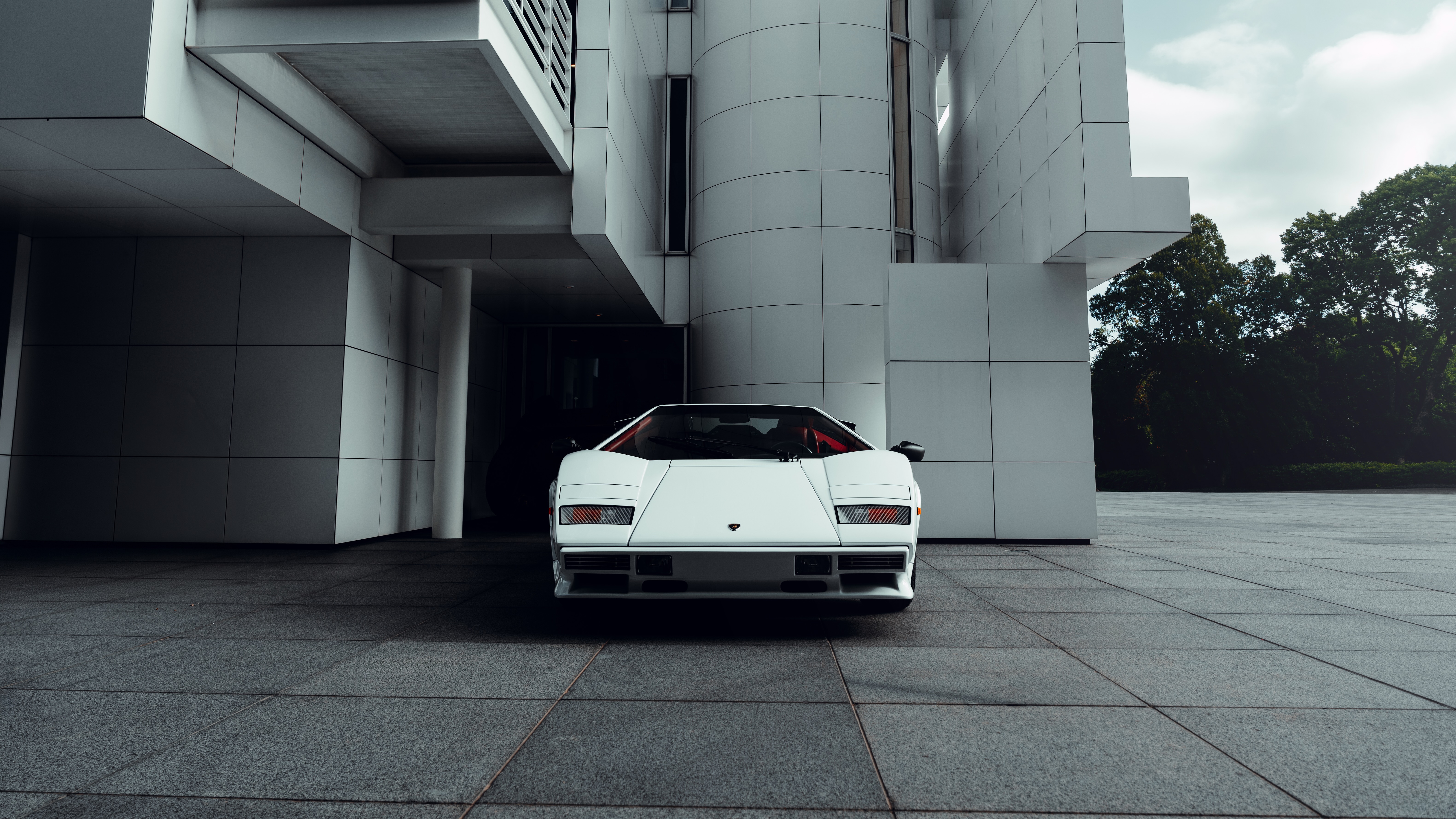 White Lamborghini Countach, head-on view